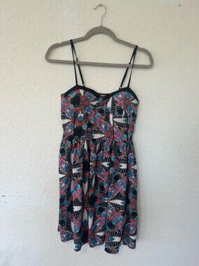 Festival Boho Band of Gypsies Mini Multicolor Patterned Dress, Spaghetti Straps